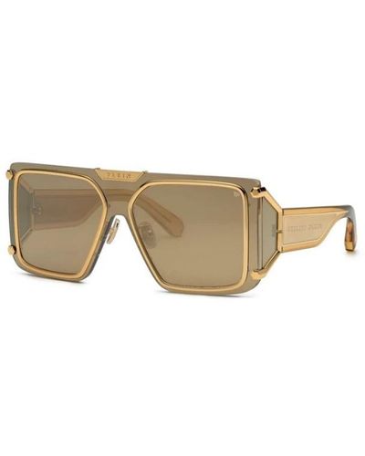 Philipp Plein Gelbe goldsonnenbrille mit braunen/spiegelgoldenen gläsern - Weiß