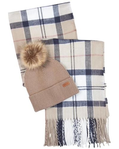 Barbour Geschenkset mit tartan-schal und kunstfell-pompon - Weiß