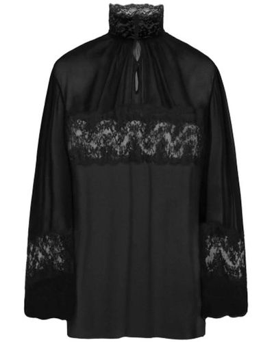 Dolce & Gabbana Blusa negra de crepe con encaje floral - Negro