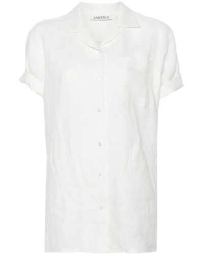 Amotea Camisa de lino con cuello cubano - Blanco