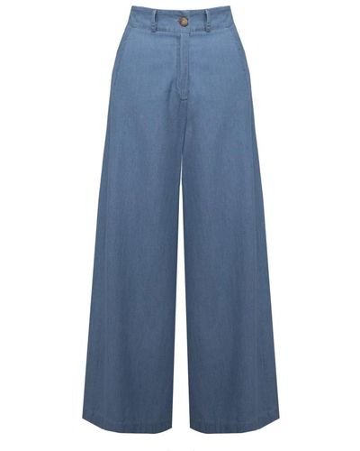 Bomboogie Pantalones palazzo de algodón chambray de moda - Azul