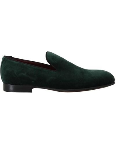 Dolce & Gabbana Green Suede Leather Slippers Loafers - Black