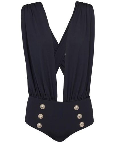 Balmain Draped swimsuit with embossed buttons - Blau
