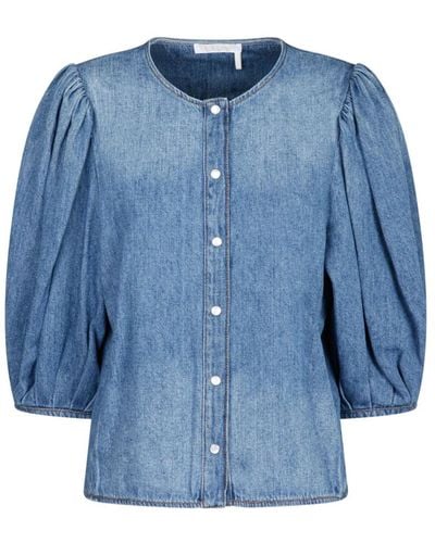 Chloé Denim kragenlose bluse mit vintage-waschung - Blau