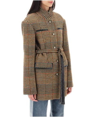 Stella McCartney Abrigo de mezcla de lana y tweed con ribete de cuero sintético - Marrón