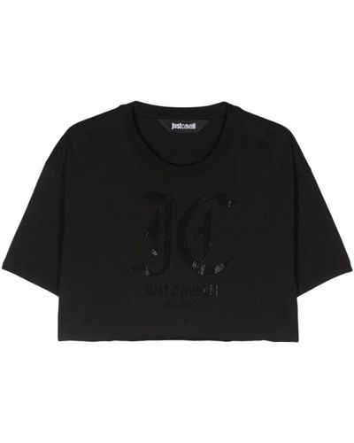 Just Cavalli Schwarze t-shirts mit strass-logo am halsausschnitt