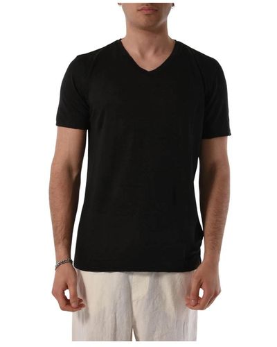 120% Lino V-ausschnitt leinen t-shirt für männer - Schwarz