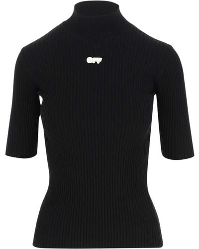Off-White c/o Virgil Abloh Maglione nero in lana elasticizzata con collo alto e dettaglio logo