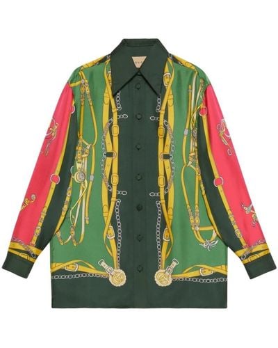 Gucci Seidenhemd mit Harness-Print - Grün