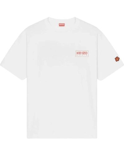 KENZO Herren T-Shirt in mit rotem Logo-Muster und Blumen-Patch - Weiß