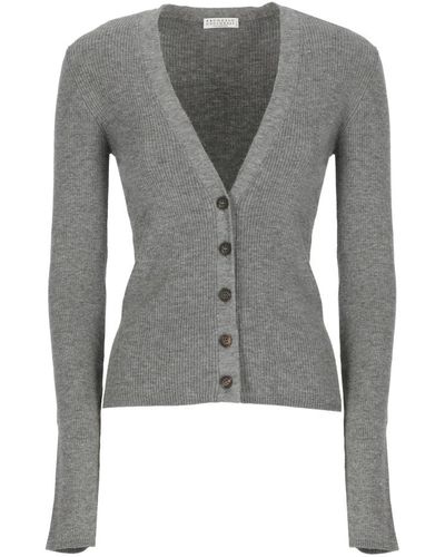 Brunello Cucinelli Graue cashmere-mischung v-ausschnitt strickjacke