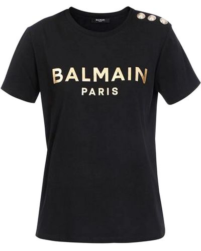 Balmain Camiseta de algodón con estampado de logotipo - Negro