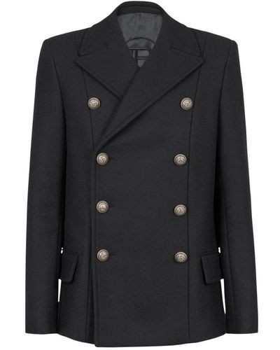 Balmain Wool pea coat with double-breasted silver-tone buttoned fastening - Nero