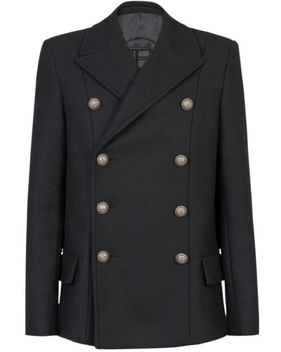 Balmain Woll-pea-coat mit doppelreihiger silberfarbener knopfverschluss - Schwarz