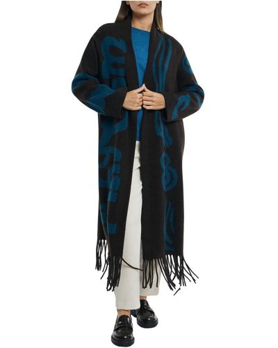 Ottod'Ame Cardigan lungo in misto lana con orlo con frange - Blu