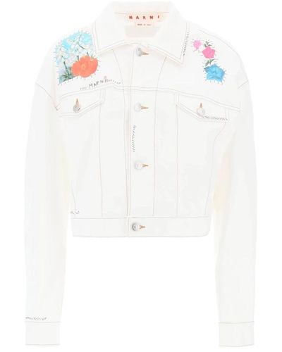 Marni Cropped denim jacket with flower patches and embroidery - Bianco