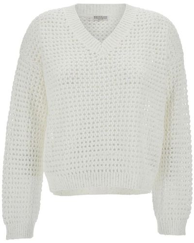 Brunello Cucinelli Sweaters de algodón blanco con cuello en v diamante