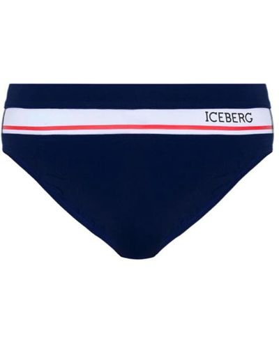 Iceberg Costume slip in tre colori con fascia a contrasto bianca a rossa e logo laterale - Blu