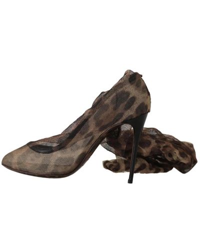 Dolce & Gabbana Escarpins chaussettes longues en tulle léopard marron