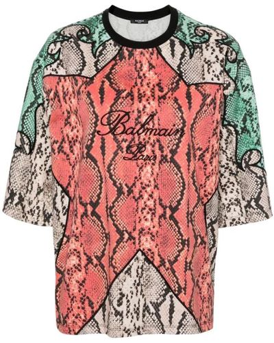 Balmain Multicolour python print bestickte t-shirts - Rot
