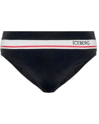 Iceberg Costume slip in tre colori con fascia a contrasto bianca a rossa e logo laterale - Nero