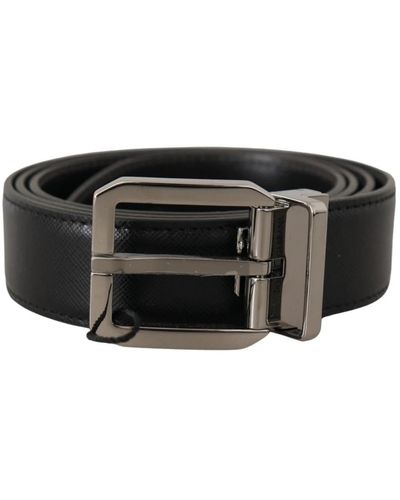 Dolce & Gabbana Cintura in pelle di vitello nera con logo inciso e fibbia in metallo - Nero