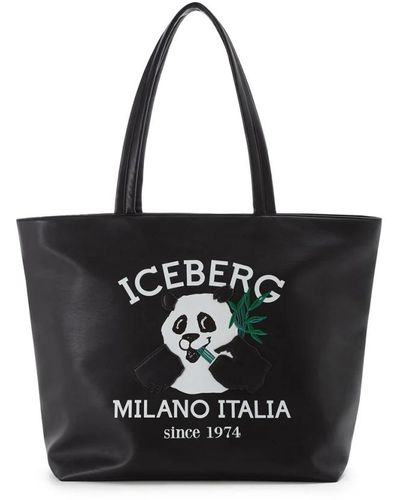 Iceberg Borsa shopper con logo e panda - Nero