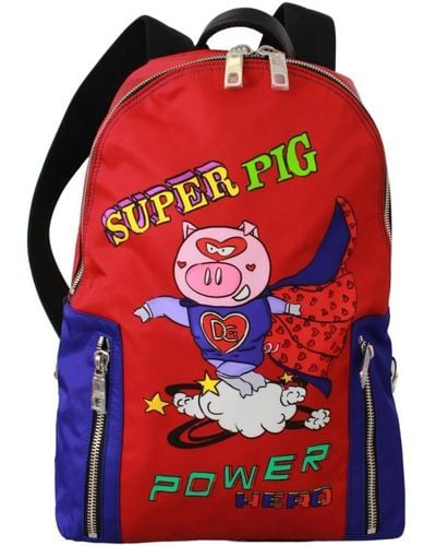 Dolce & Gabbana Nylon Multicolor Super Pig Print School Bag - Red