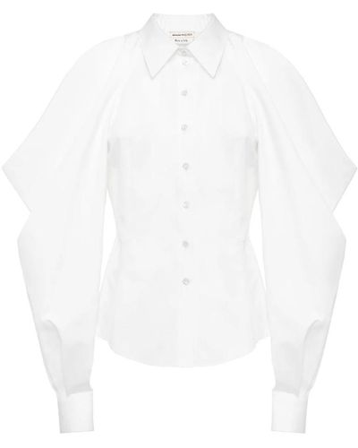 Alexander McQueen Hemd aus bio-baumwolle mit italienischem kragen und drapierten ärmeln - Weiß