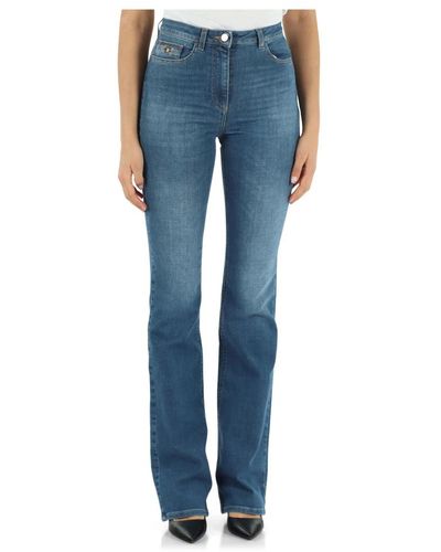 Elisabetta Franchi Pantalone jeans cinque tasche svasato con placca logo - Blu
