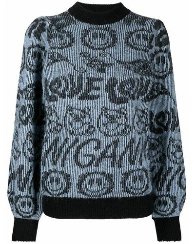 Ganni Smiley logo intarsia knit jumper - Blu