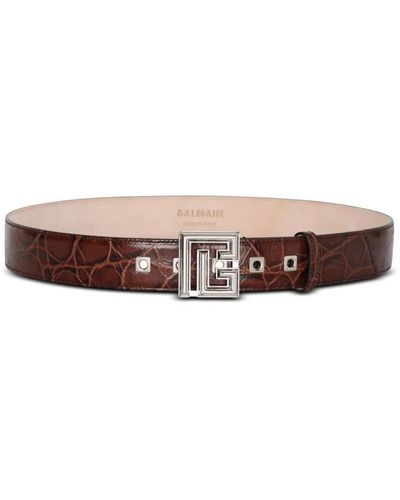 Balmain Pb belt in crocodile-print leather - Marrone