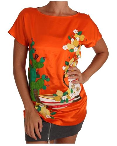 Dolce & Gabbana Top de camiseta de seda de lujo con cristales - Naranja