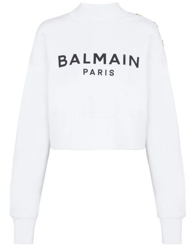 Balmain Eco-responsible Cotton Cropped Sweatshirt With Logo Print - White