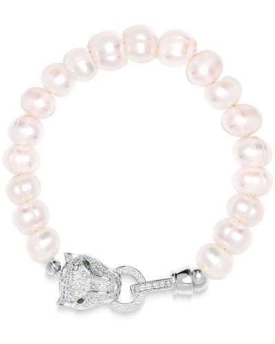Nialaya Wo pearl bracelet with silver panther head - Blanco