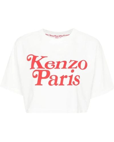 KENZO Weiße baumwoll-t-shirt,beiger top mit logo-print - Rot