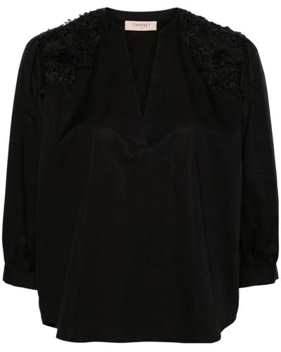 Twin Set Bluse mit blumenstickerei und v-ausschnitt - Schwarz