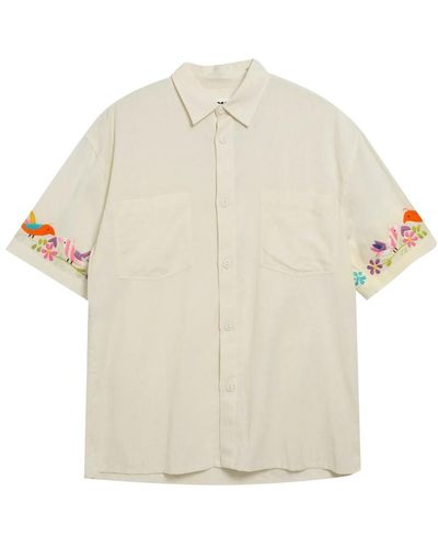 YMC Camicia in cotone e lino ricamata con uccelli - Neutro