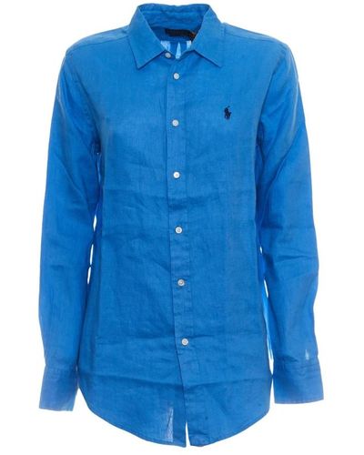 Ralph Lauren Camisas de lino azul con bordado de pony