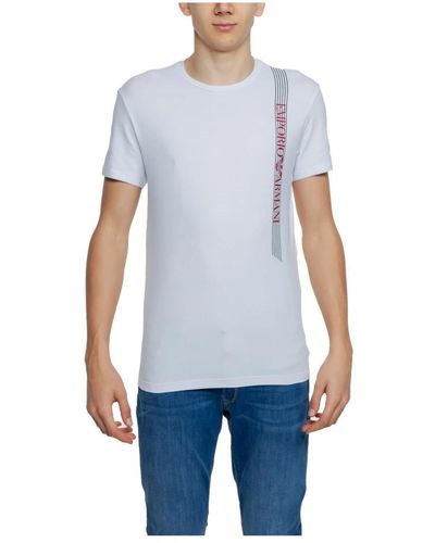 Emporio Armani Weißes bedrucktes baumwoll-t-shirt mit rundhalsausschnitt - Blau