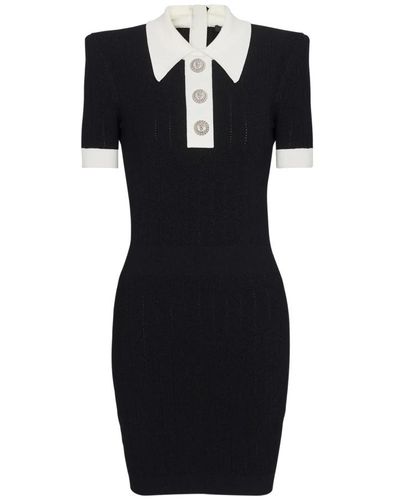 Balmain Ribbed Cotton Polo Mini Dress - Black