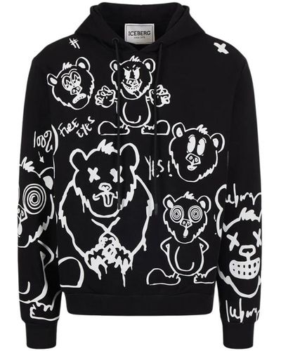 Iceberg Schwarzer hoodie mit cartoon-grafik,kapuzenpullover mit logo und cartoon-grafiken