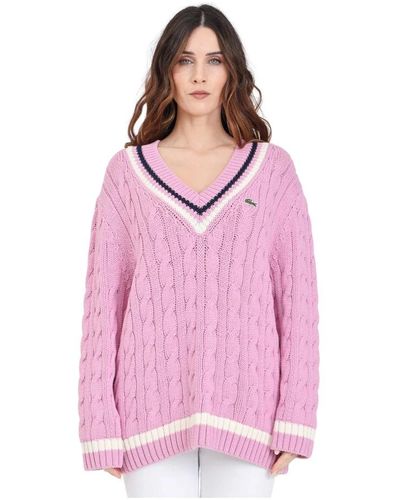 Lacoste Suéter rosa con cuello en v y textura trenzada
