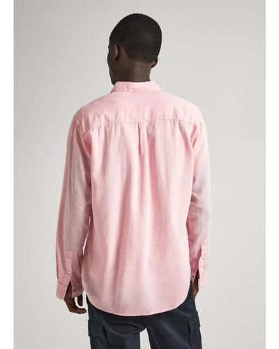 Pepe Jeans Camicia in lino rosa manica lunga