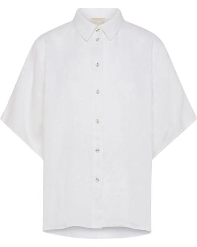 Momoní Camisa de lino con cuello kimono manga corta - Blanco
