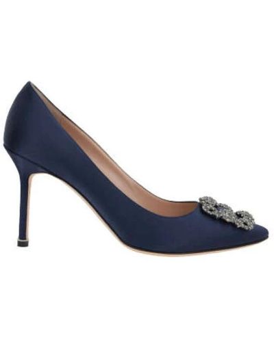 Manolo Blahnik Blaue seidensatin-high heels décolleté mit juwelen-schnalle olo blahnik