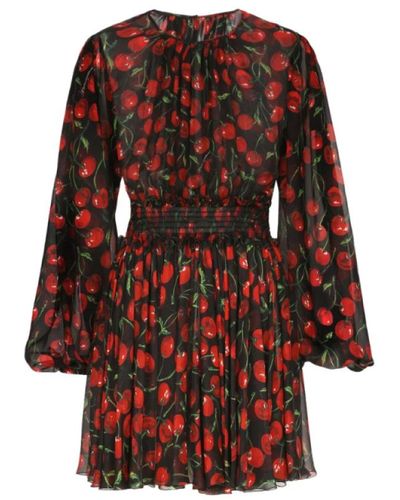 Dolce & Gabbana Vestido corto de seda chiffon negro con estampado de cerezas - Marrón