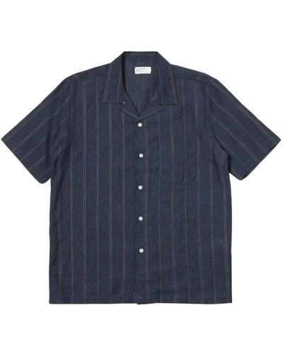Universal Works Dobby stripe linen road shirt - Blau