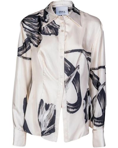 Erika Cavallini Semi Couture Camicia in seta floreale. slim fit. prodotto in italia. - Bianco