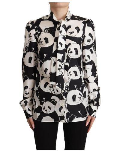Dolce & Gabbana Seidenbluse mit panda-print und ascot-kragen - Schwarz